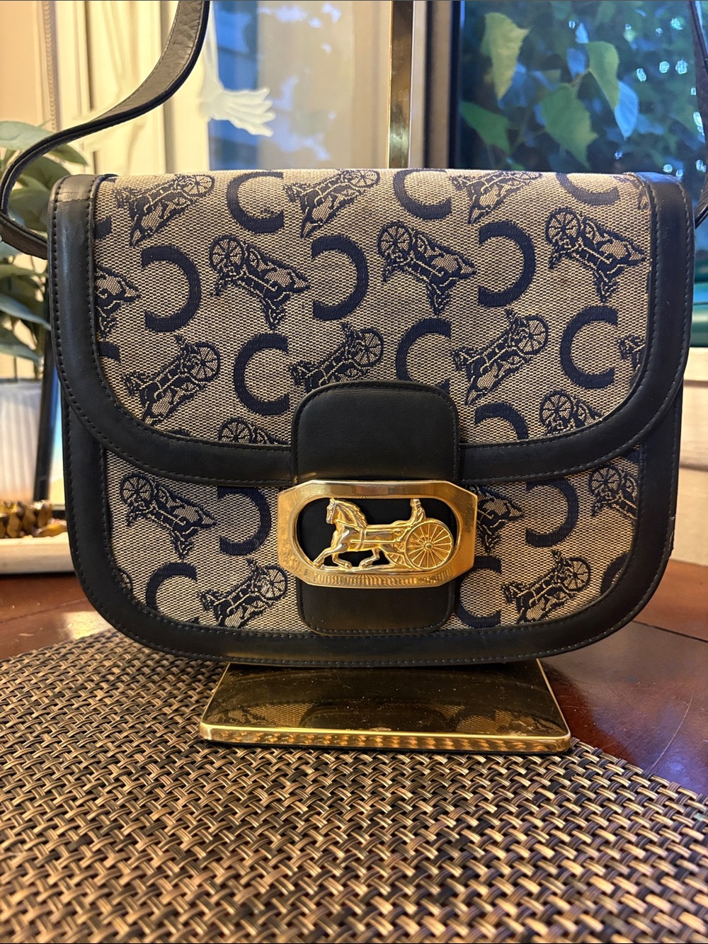 Celine Paris Signature Canvas and Leather Shoulder Bag in Navy and gold hardware